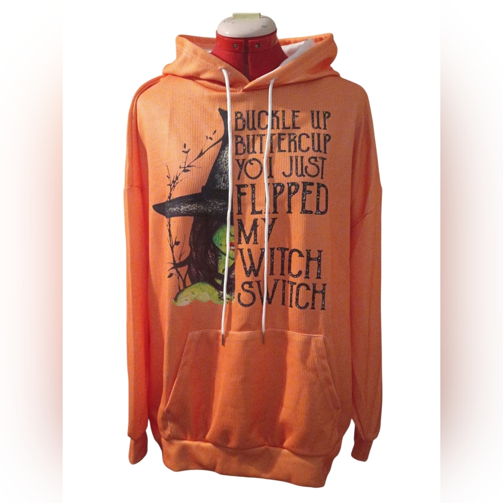 Halloween Orange Witch Graphic Hoodie with Pouch Pocket Sz 2x